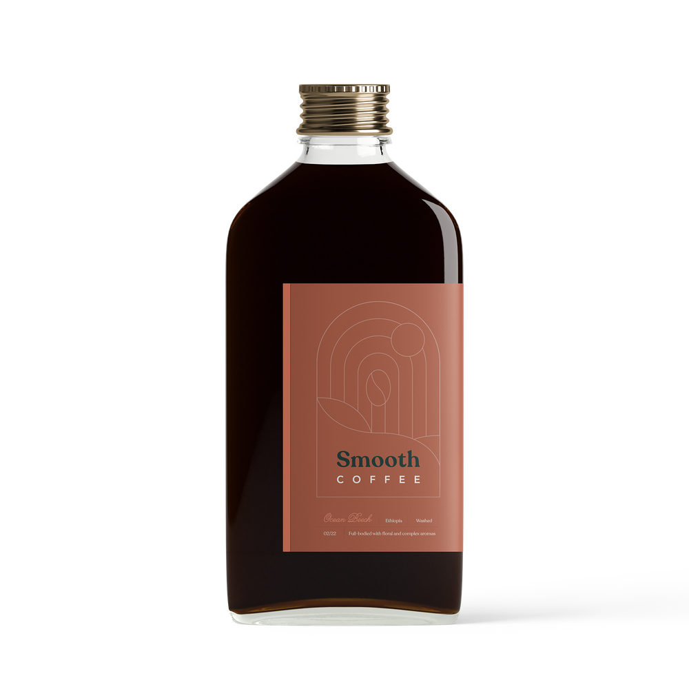 Front view of decaf Ocean Beech Smooth Coffee bottle
