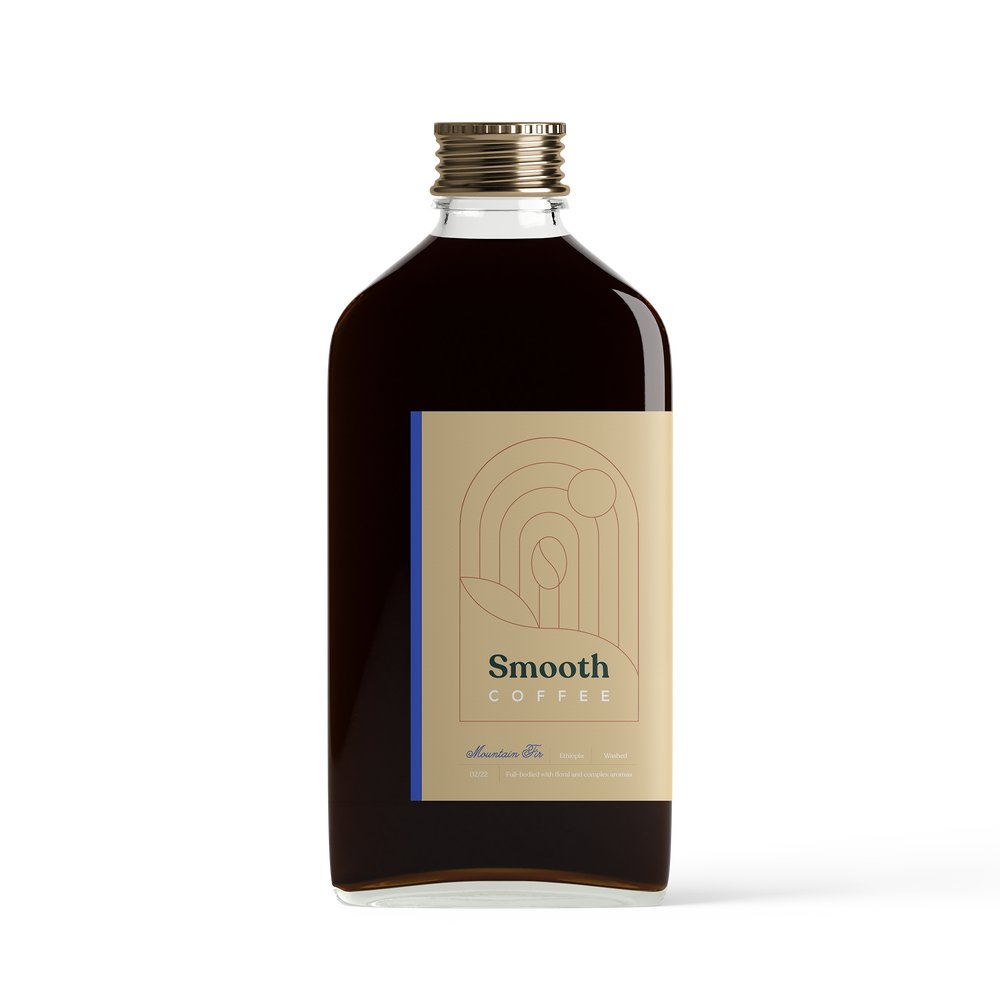 Front view of decaf Mountain Fir Smooth Coffee bottle