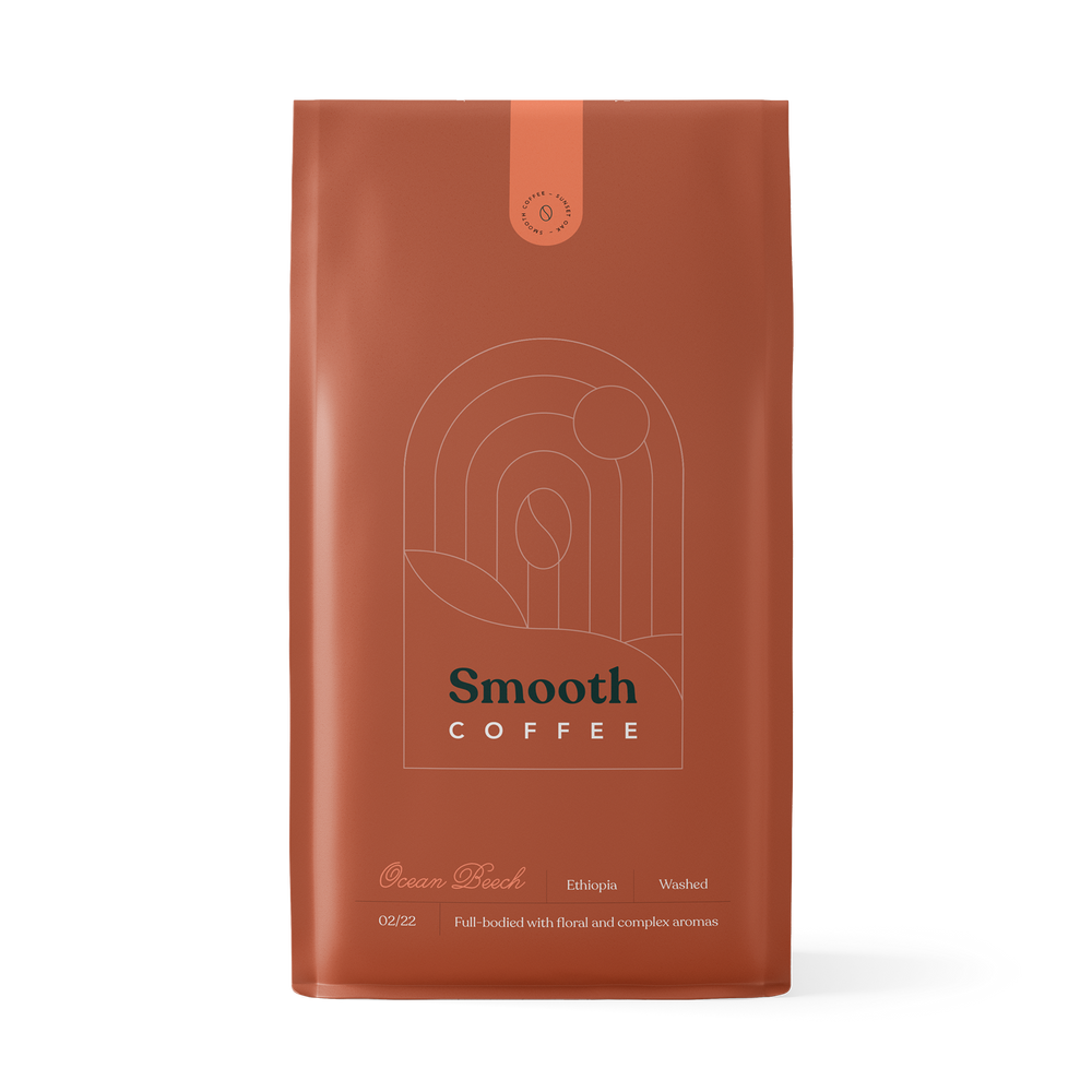 Front view of Ocean Beech Smooth Coffee bag - ground coffee